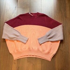 Free People Easy Street Burgundy and Peach Colorblock Sweater